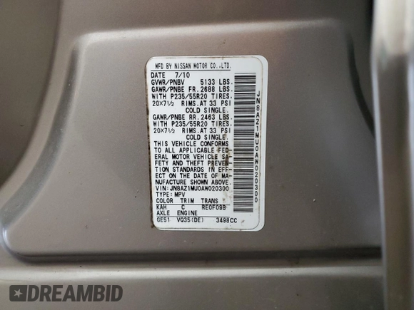 2010 Nissan Murano S z VIN JN8AZ1MU0AW020300, wystawiony jako Copart lot #58317555 z przebiegiem 142 144 mil mil oraz Szkoda całkowita • Salvage title. Historia ofert i sprzedaży dostępna na DreamBid. Obrazek 13.