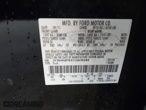 2012 Ford Explorer Limited with VIN 1FMHK8F8XCGA36245, listed as a IAAI auction lot 41839025 with 188,477 mi miles and . Bid and sale history available at DreamBid. Image 9.