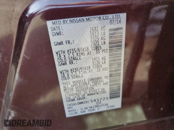 2014 Infiniti QX60 with VIN 5N1AL0MM2EC545725, listed as a Copart auction lot 51765985 with 144,035 mi miles and Clean Title. Bid and sale history available at carsss.com. Image 14.
