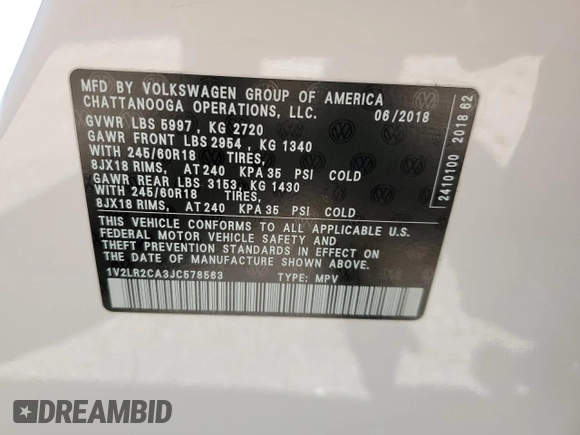 2018 Volkswagen Atlas SE z VIN 1V2LR2CA3JC578563, wystawiony jako Copart lot #58922395 z przebiegiem 68 973 mil mil oraz Szkoda całkowita • Salvage title. Historia ofert i sprzedaży dostępna na DreamBid. Obrazek 14.