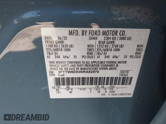2022 Ford Maverick XL with VIN 3FTTW8E93NRA82976, listed as a IAAI auction lot 41859734 with 60,546 mi miles and . Bid and sale history available at DreamBid. Image 9.