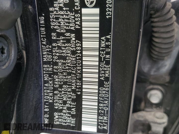 2012 Toyota Camry L with VIN 4T1BF1FK8CU134897, listed as a Copart auction lot 51088325 with 121,699 mi miles and Salvage Title. Bid and sale history available at DreamBid. Image 14.