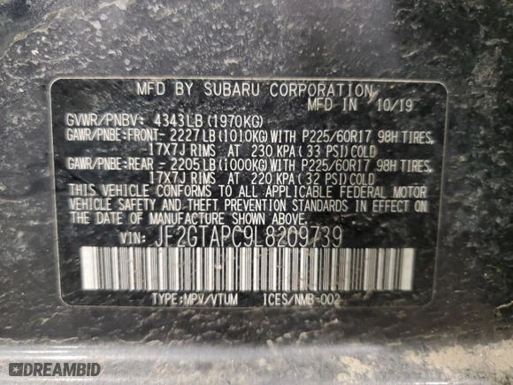 2020 Subaru Crosstrek Premium with VIN JF2GTAPC9L8209739, listed as a Copart auction lot 46886955 with 66,466 mi miles and Non Repairable. Bid and sale history available at carsss.com. Image 16.