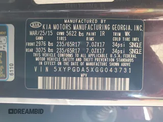 2016 Kia Sorento LX with VIN 5XYPGDA5XGG043731, listed as a Copart auction lot 53888025 with 129,067 mi miles and Salvage title. Bid and sale history available at DreamBid. Image 14.