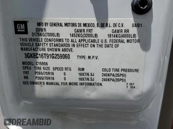 2001 GMC Yukon XL SLT with VIN 3GKEC16T91G259060, listed as a Copart auction lot 62300534 with 331,433 mi miles and Salvage Title. Bid and sale history available at carsss.com. Image 13.