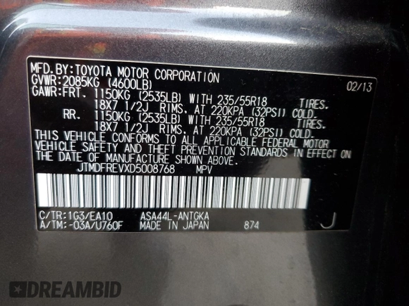 2013 Toyota RAV4 Limited with VIN JTMDFREVXD5008768, listed as a Copart auction lot 59328735 with 125,912 mi miles and Salvage title. Bid and sale history available at DreamBid. Image 13.