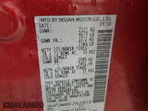 2015 Nissan Rogue SL with VIN 5N1AT2MV0FC762972, listed as a Copart auction lot 50247375 with 142,495 mi miles and Salvage Title. Bid and sale history available at DreamBid. Image 12.