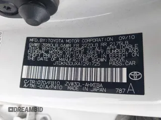 2010 Toyota Prius Four with VIN JTDKN3DUXA1291725, listed as a IAAI auction lot 42161926 with 180,755 mi miles and . Bid and sale history available at DreamBid. Image 9.