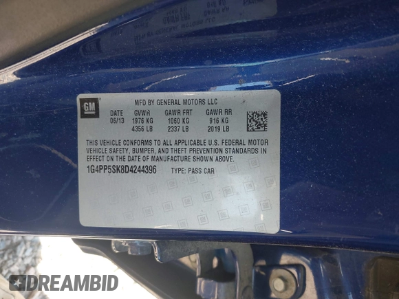 2013 Buick Verano with VIN 1G4PP5SK8D4244396, listed as a IAAI auction lot 42205954 with 72,542 mi miles and . Bid and sale history available at DreamBid. Image 9.
