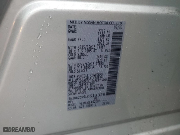 2020 Nissan Pathfinder SL with VIN 5N1DR2CM9LC613329, listed as a Copart auction lot 43686705 with 48,467 mi miles and Salvage Title. Bid and sale history available at carsss.com. Image 13.