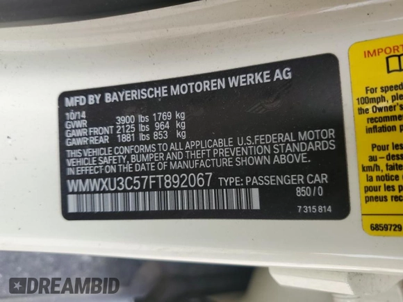 2015 MINI Hardtop 4 Door S z VIN WMWXU3C57FT892067, wystawiony jako Copart lot #46987555 z przebiegiem 66 235 mil mil oraz Szkoda całkowita • Salvage title. Historia ofert i sprzedaży dostępna na DreamBid. Obrazek 14.