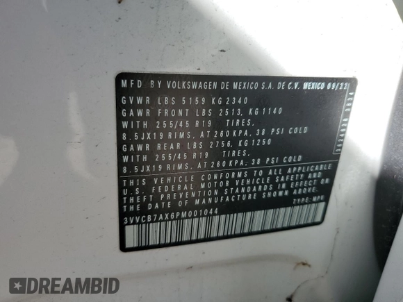 2023 Volkswagen Tiguan SE R-Line Black with VIN 3VVCB7AX6PM001044, listed as a Copart auction lot 47365565 with 20,059 mi miles and Salvage title. Bid and sale history available at DreamBid. Image 13.