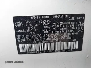 2022 Subaru Outback Limited with VIN 4S4BTANC0N3139507, listed as a IAAI auction lot 42368616 with 36,901 mi miles and . Bid and sale history available at DreamBid. Image 9.