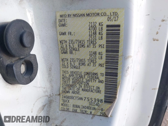 2017 Nissan Frontier SV with VIN 1N6BD0CT5HN755398, listed as a IAAI auction lot 42381522 with 133,242 mi miles and . Bid and sale history available at DreamBid. Image 9.