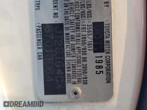 1986 Toyota Celica z VIN JT2ST64CXG7013064, wystawiony jako Copart lot #44228575 z przebiegiem 101 881 mil mil oraz Szkoda całkowita • Salvage title. Historia ofert i sprzedaży dostępna na DreamBid. Obrazek 12.