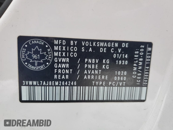 2014 Volkswagen Jetta with VIN 3VWWL7AJ8EM264246, listed as a Copart auction lot 84331484 with 130,691 mi miles and Salvage title. Bid and sale history available at DreamBid. Image 12.