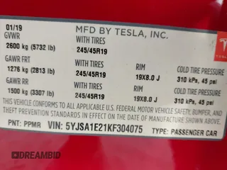 2019 Tesla Model S 75D с VIN 5YJSA1E21KF304075, выставлен на аукционе IAAI как лот 41193021 с пробегом 88 432 миль миль и . История ставок и продаж доступна на DreamBid. Изображение 9.