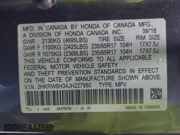 2018 Honda CR-V LX with VIN 2HKRW6H34JH227980, listed as a IAAI auction lot 41952213 with 35,718 mi miles. Bid and sale history available at carsss.com. Image 9.