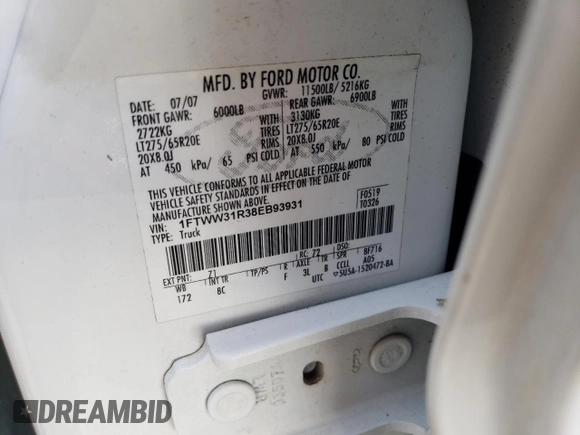 2008 Ford F-350 XL with VIN 1FTWW31R38EB93931, listed as a Copart auction lot 62868435 with 203,044 mi miles and Clean title. Bid and sale history available at DreamBid. Image 12.