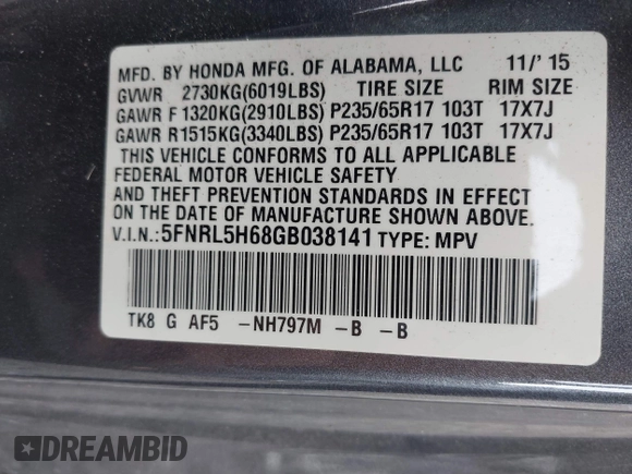 2016 Honda Odyssey EX-L with VIN 5FNRL5H68GB038141, listed as a IAAI auction lot 42097924 with 91,944 mi miles and . Bid and sale history available at DreamBid. Image 9.