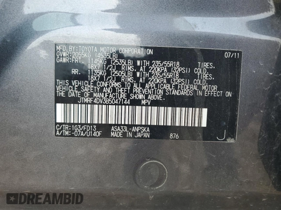 2011 Toyota RAV4 Sport with VIN JTMRF4DV3B5047144, listed as a Copart auction lot 60552425 with 178,051 mi miles and Salvage title. Bid and sale history available at DreamBid. Image 13.