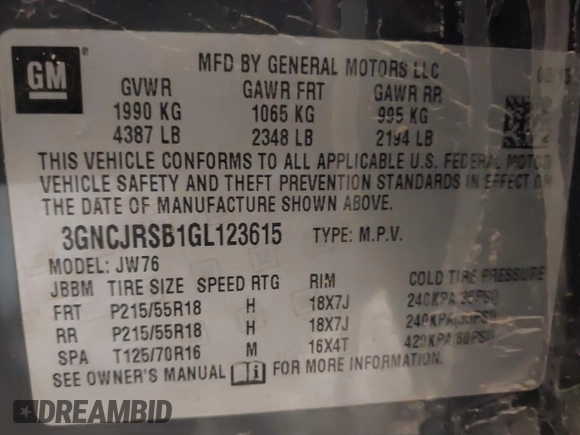2016 Chevrolet Trax LTZ with VIN 3GNCJRSB1GL123615, listed as a IAAI auction lot 41232062 with 8,500 mi miles. Bid and sale history available at carsss.com. Image 9.