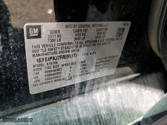 2015 Cadillac Escalade Platinum with VIN 1GYS4PKJ7FR686175, listed as a Copart auction lot 67826284 with 0 mi miles and Salvage Title. Bid and sale history available at carsss.com. Image 15.