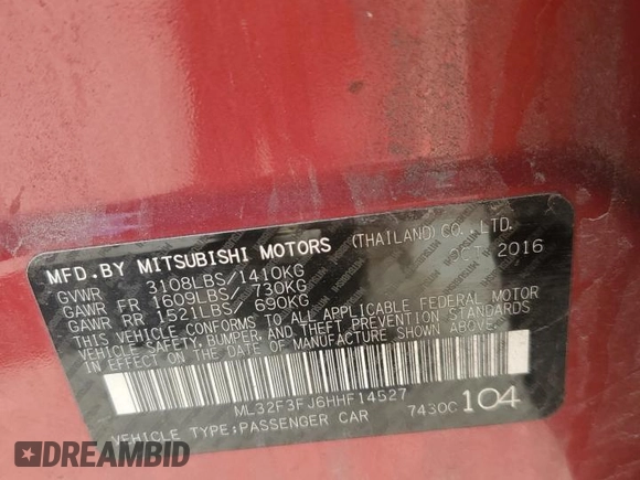 2017 Mitsubishi Mirage ES z VIN ML32F3FJ6HHF14527, wystawiony jako Copart lot #57297005 z przebiegiem 81 046 mil mil oraz Szkoda całkowita • Salvage title. Historia ofert i sprzedaży dostępna na DreamBid. Obrazek 12.