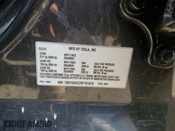 2024 Tesla Model Y Long Range with VIN 7SAYGAEE2RF101616, listed as a Copart auction lot 62236425 with 32,619 mi miles and Salvage title. Bid and sale history available at DreamBid. Image 13.