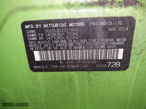 2015 Mitsubishi Mirage DE with VIN ML32A3HJ2FH009459, listed as a IAAI auction lot 41199208 with 142,447 mi miles. Bid and sale history available at carsss.com. Image 9.