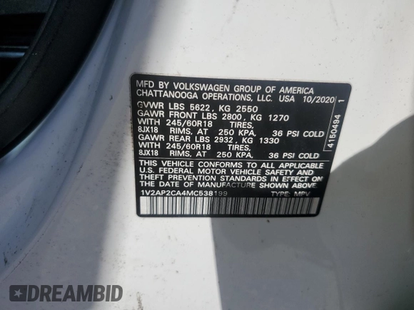 2021 Volkswagen Atlas S с VIN 1V2AP2CA4MC538199, выставлен на аукционе Copart как лот 80684614 с пробегом 40 725 миль миль и Списание • Salvage title. История ставок и продаж доступна на DreamBid. Изображение 12.
