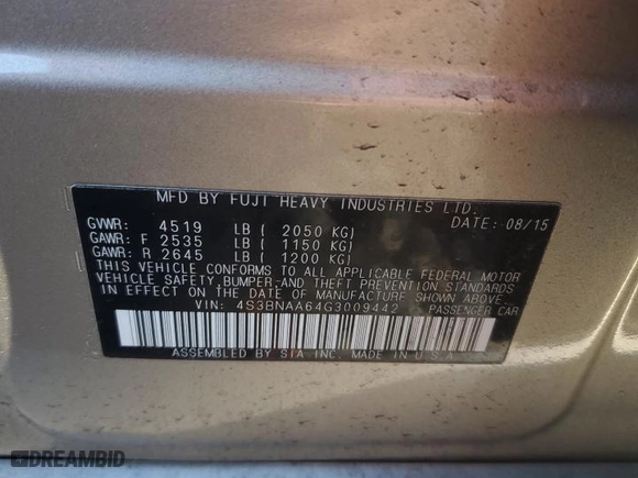 2016 Subaru Legacy 2.5i with VIN 4S3BNAA64G3009442, listed as a Copart auction lot 76627194 with 94,611 mi miles and Salvage Title. Bid and sale history available at carsss.com. Image 14.