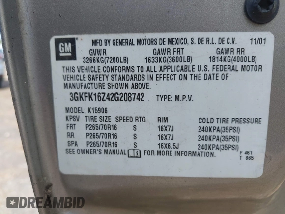 2002 GMC Yukon XL SLT z VIN 3GKFK16Z42G208742, wystawiony jako IAAI lot #41956838 z przebiegiem 261 835 mil mil oraz . Historia ofert i sprzedaży dostępna na DreamBid. Obrazek 9.