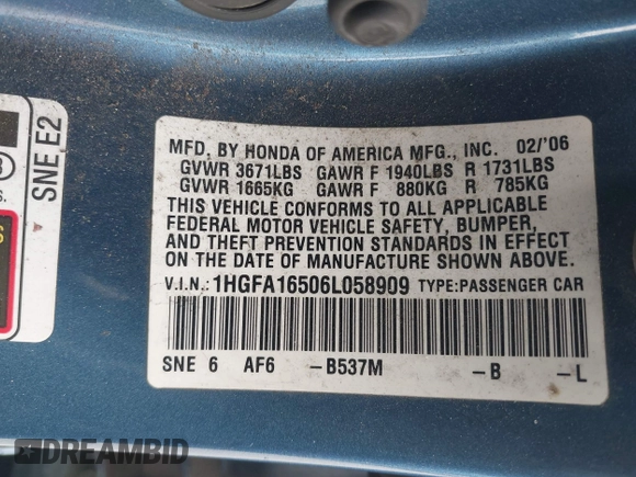 2006 Honda Civic LX with VIN 1HGFA16506L058909, listed as a IAAI auction lot 42077582 with 266,658 mi miles and . Bid and sale history available at DreamBid. Image 9.