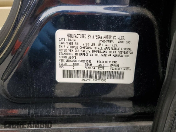 2005 Infiniti G35 Sedan with VIN JNKCV51E95M205580, listed as a Copart auction lot 51967025 with 168,527 mi miles and Salvage Title. Bid and sale history available at carsss.com. Image 12.