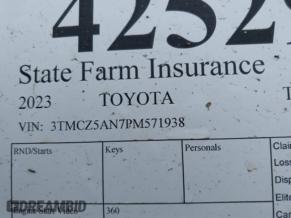2023 Toyota Tacoma SR с VIN 3TMCZ5AN7PM571938, выставлен на аукционе IAAI как лот 42529584 с пробегом 20 877 миль миль и . История ставок и продаж доступна на DreamBid. Изображение 9.