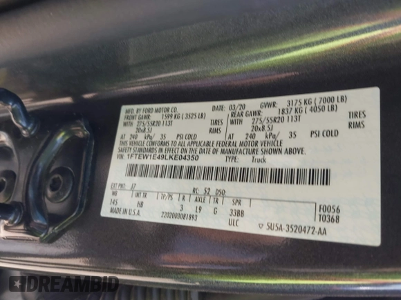 2020 Ford F-150 XL с VIN 1FTEW1E49LKE04350, выставлен на аукционе IAAI как лот 41763928 с пробегом 93 789 миль миль и . История ставок и продаж доступна на DreamBid. Изображение 9.