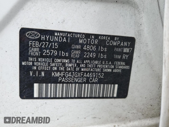 2015 Hyundai Azera с VIN KMHFG4JGXFA469152, выставлен на аукционе Copart как лот 43204565 с пробегом 139 384 миль миль и Списание • Salvage title. История ставок и продаж доступна на DreamBid. Изображение 12.