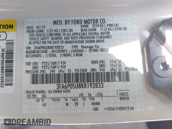 2019 Ford Fusion Titanium with VIN 3FA6P0SU8KR192833, listed as a IAAI auction lot 42818081 with 71,188 mi miles and . Bid and sale history available at DreamBid. Image 9.