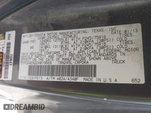 2013 Toyota Tacoma z VIN 5TFUX4EN2DX019669, wystawiony jako IAAI lot #42368685 z przebiegiem Nie podano mil oraz . Historia ofert i sprzedaży dostępna na DreamBid. Obrazek 9.