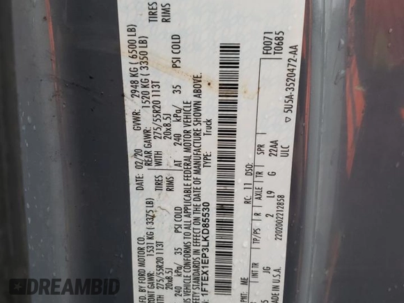 2020 Ford F-150 XL with VIN 1FTEX1EP3LKD85530, listed as a Copart auction lot 85218934 with 186,675 mi miles and Salvage title. Bid and sale history available at DreamBid. Image 13.