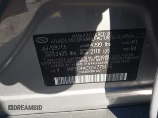 2013 Hyundai Sonata Limited with VIN 5NPEC4ACXDH775136, listed as a IAAI auction lot 41715781 with 214,693 mi miles and . Bid and sale history available at carsss.com. Image 9.