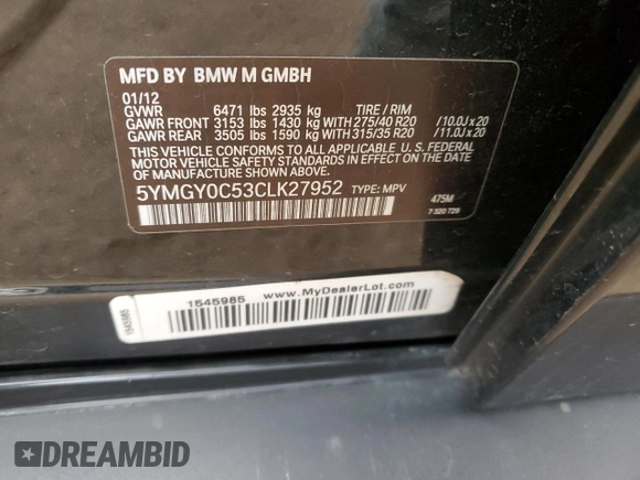 2012 BMW X5 M with VIN 5YMGY0C53CLK27952, listed as a Copart auction lot 81315264 with 90,187 mi miles and Salvage Title. Bid and sale history available at carsss.com. Image 13.