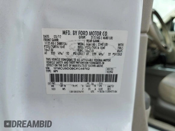 2012 Ford Escape XLT z VIN 1FMCU9DG9CKC69762, wystawiony jako Copart lot #49104075 z przebiegiem 92 937 mil mil oraz Szkoda całkowita • Salvage title. Historia ofert i sprzedaży dostępna na DreamBid. Obrazek 13.