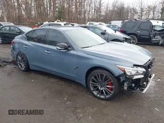 2021 Infiniti Q50 Red Sport 400 with VIN JN1FV7DR0MM880468, listed as a IAAI auction lot 41040172 with 30,715 mi miles and . Bid and sale history available at carsss.com. Image 1.