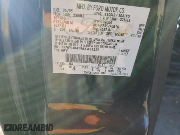 2006 Ford Escape Limited with VIN 1FMYU04196KA34229, listed as a Copart auction lot 46709785 with 203,203 mi miles and Salvage title. Bid and sale history available at DreamBid. Image 12.