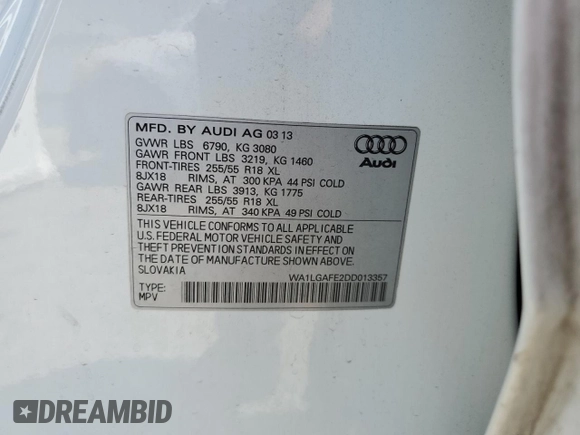 2013 Audi Q7 Premium Plus with VIN WA1LGAFE2DD013357, listed as a Copart auction lot 64761945 with 108,009 mi miles and Salvage title. Bid and sale history available at DreamBid. Image 13.
