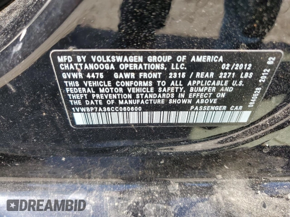 2012 Volkswagen Passat SE с VIN 1VWBP7A36CC060600, выставлен на аукционе Copart как лот 57233625 с пробегом 164 406 миль миль и Списание • Salvage title. История ставок и продаж доступна на DreamBid. Изображение 12.