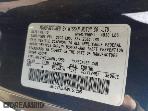 2010 Infiniti G37 Coupe x with VIN JN1CV6EL5AM151255, listed as a IAAI auction lot 42063389 with 1 mi miles. Bid and sale history available at carsss.com. Image 9.