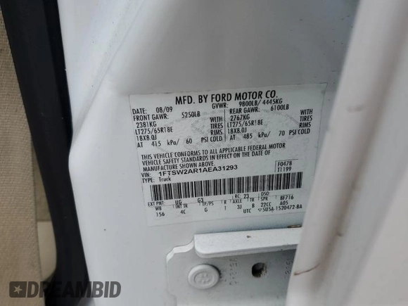 2010 Ford F-250 XL with VIN 1FTSW2AR1AEA31293, listed as a Copart auction lot 85756814 with 118,994 mi miles and Salvage title. Bid and sale history available at DreamBid. Image 15.